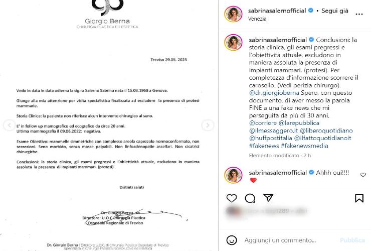 Sabrina Salerno esce allo scoperto e dice la verità