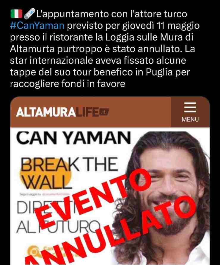 Tweet sull'evento di Can Yaman - Youbee.it