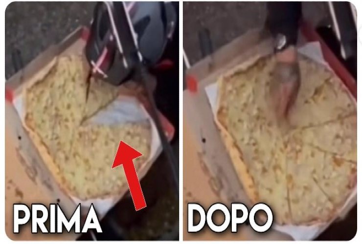 Un fattorino mangia una fetta di pizza